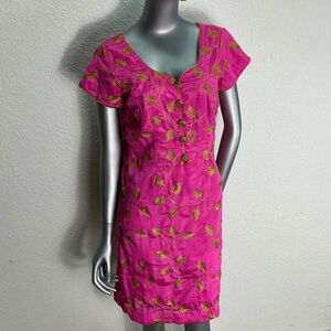 Vibrant Pink Floral Mini Dress with Gold embroidery and button detail size L